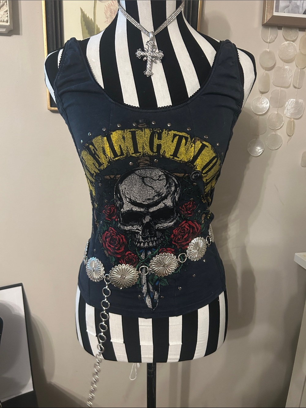 Y2K Rare Affliction Skull & Roses Embellished corset Tank Top - Black small